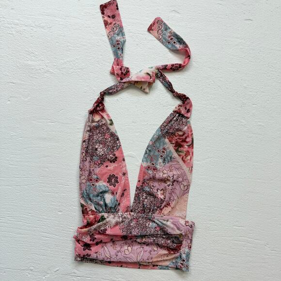 Shein Mesh Floral Ruched Halter Crop Top, Size Small - Picture 2 of 6